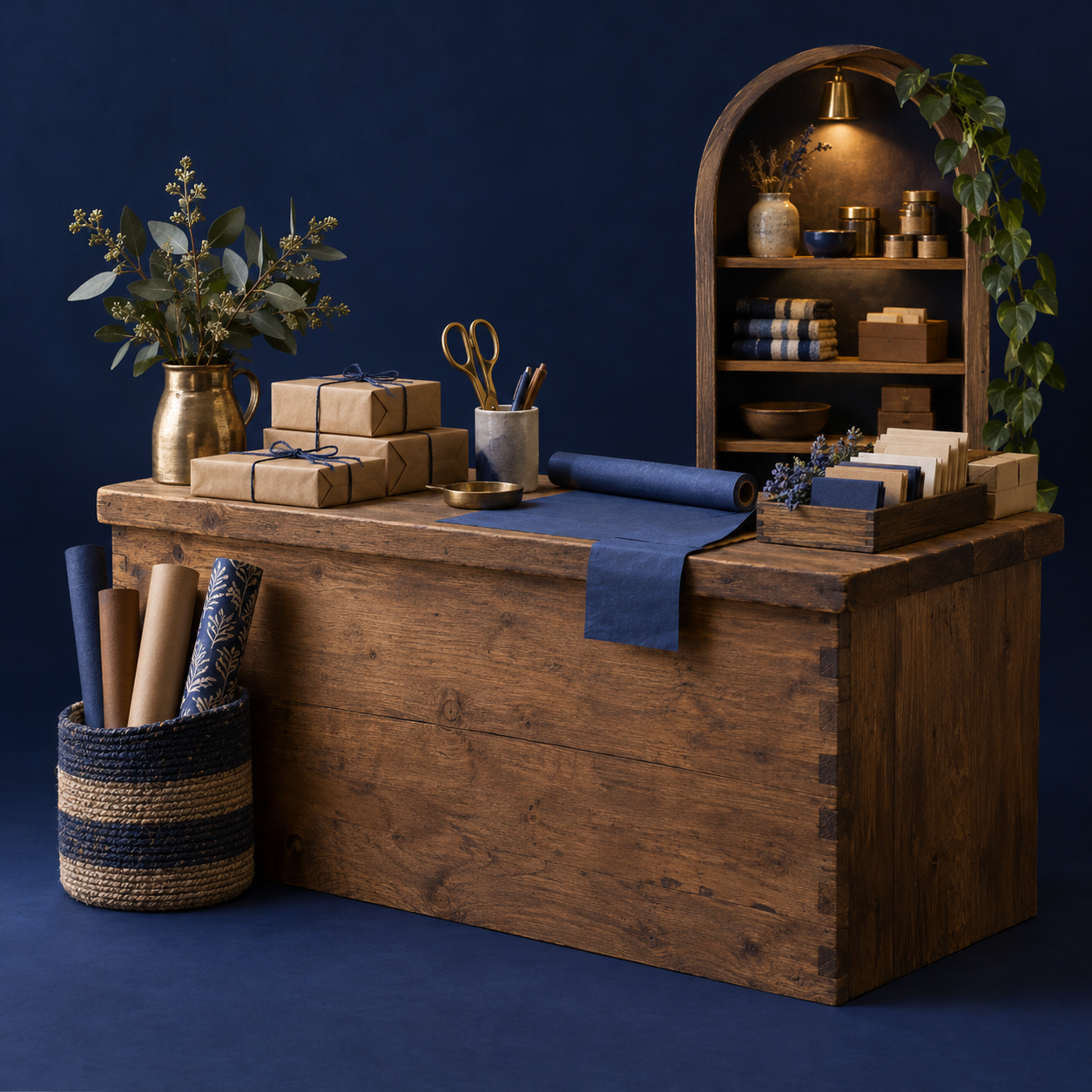 Illustration of local small-business storefront: a timber counter, neatly packed inventory, a display niche