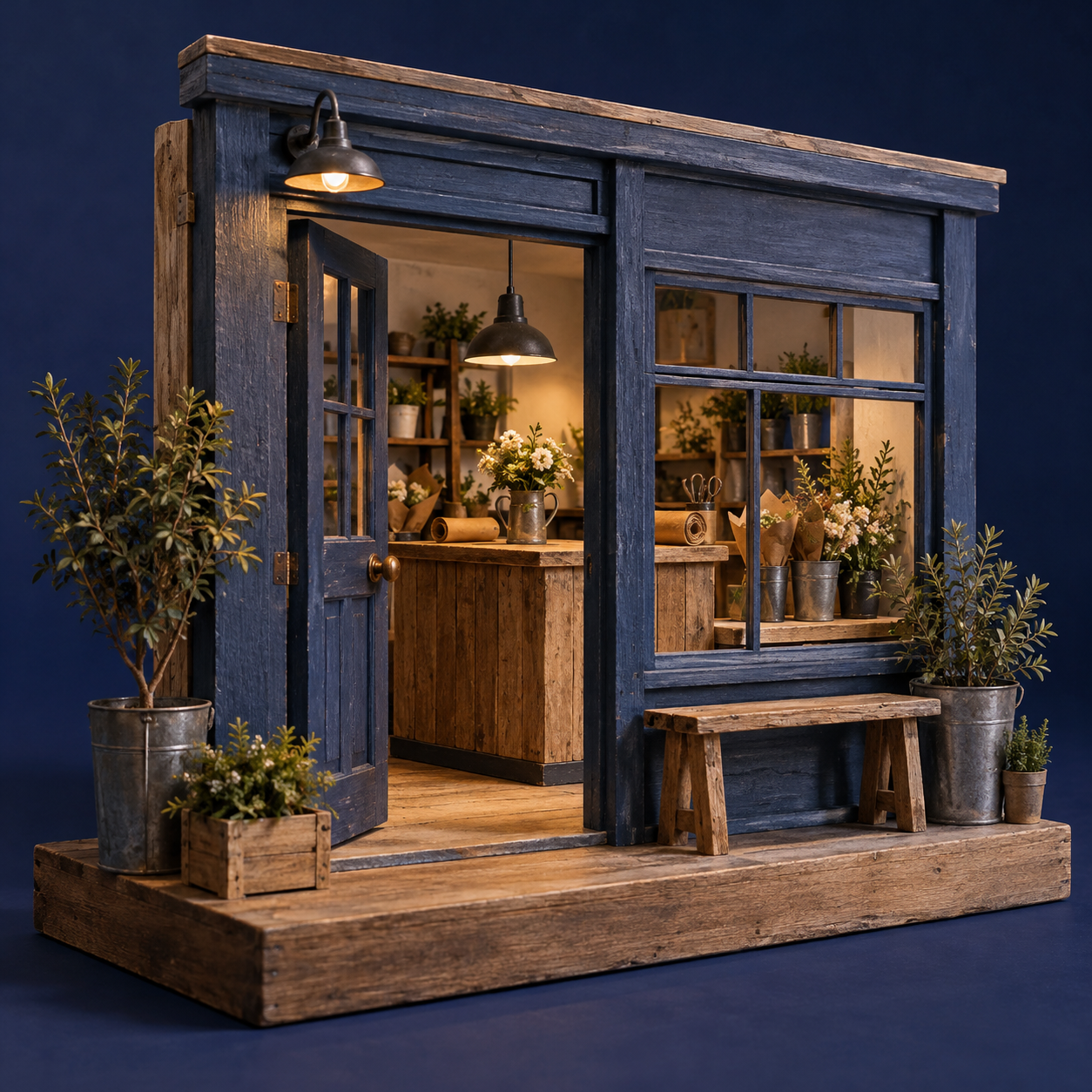 Illustration of local small-business storefront: a welcoming doorway, a modest unlettered shopfront, a timber counter
